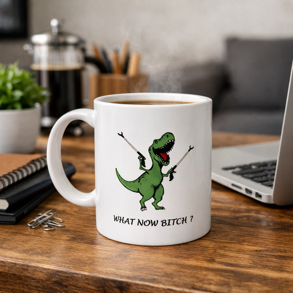 Funny T-Rex Dinosaur Mom Coffee Mug 11oz "What Now" Arm Extender Grabbies Novelty Tea Cup