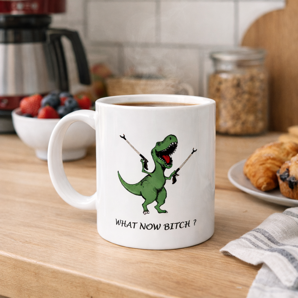 Funny T-Rex Dinosaur Mom Coffee Mug 11oz "What Now" Arm Extender Grabbies Novelty Tea Cup