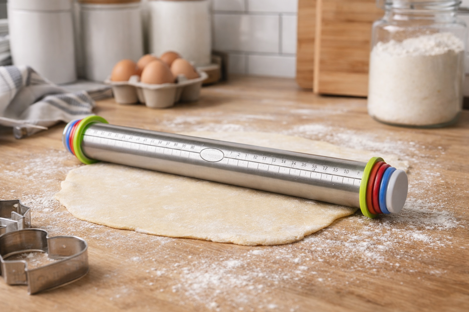 Adjustable Stainless Steel Rolling Pin with Thickness Rings Baking Dough Roller for Cookies and Pastry