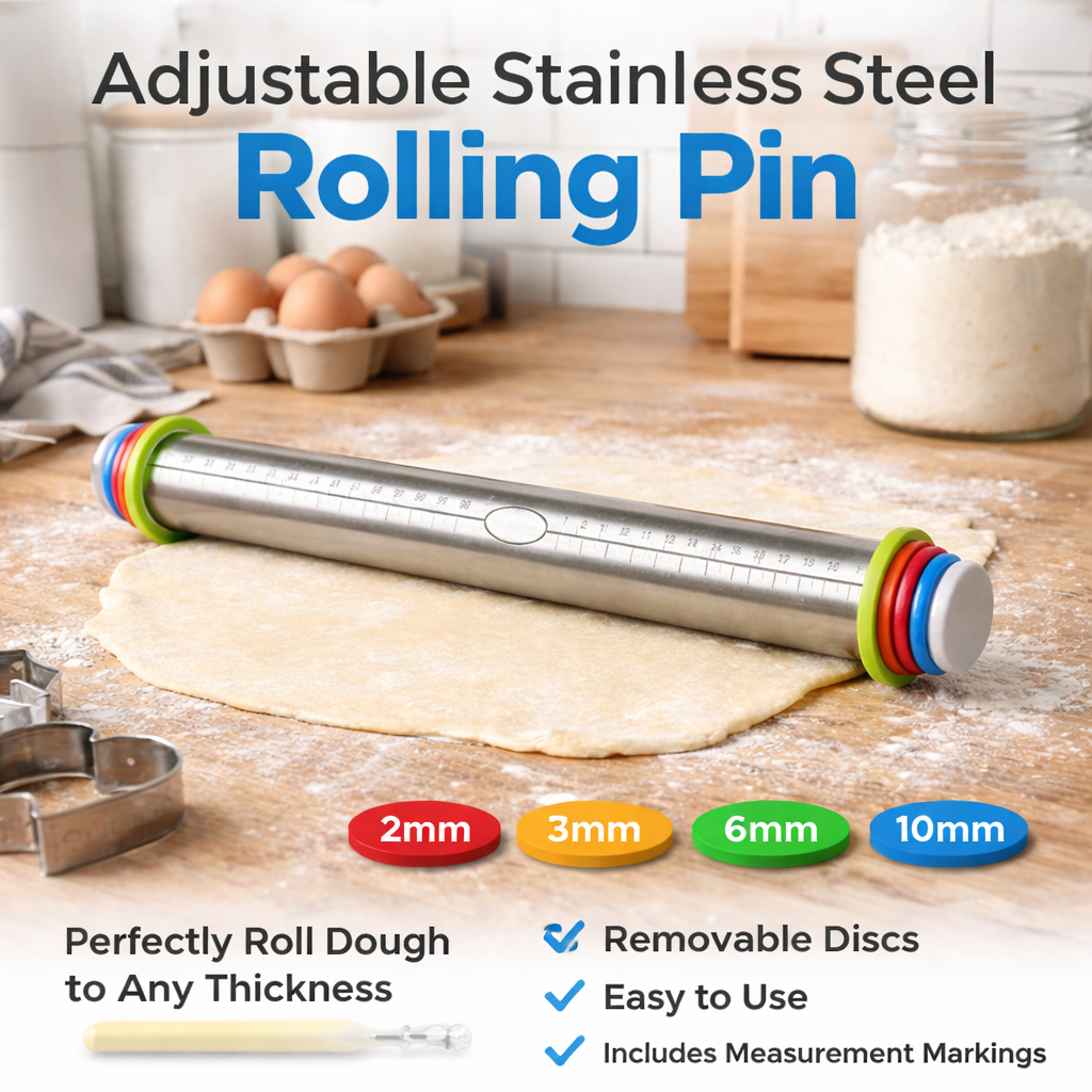 Adjustable Stainless Steel Rolling Pin with Thickness Rings Baking Dough Roller for Cookies and Pastry