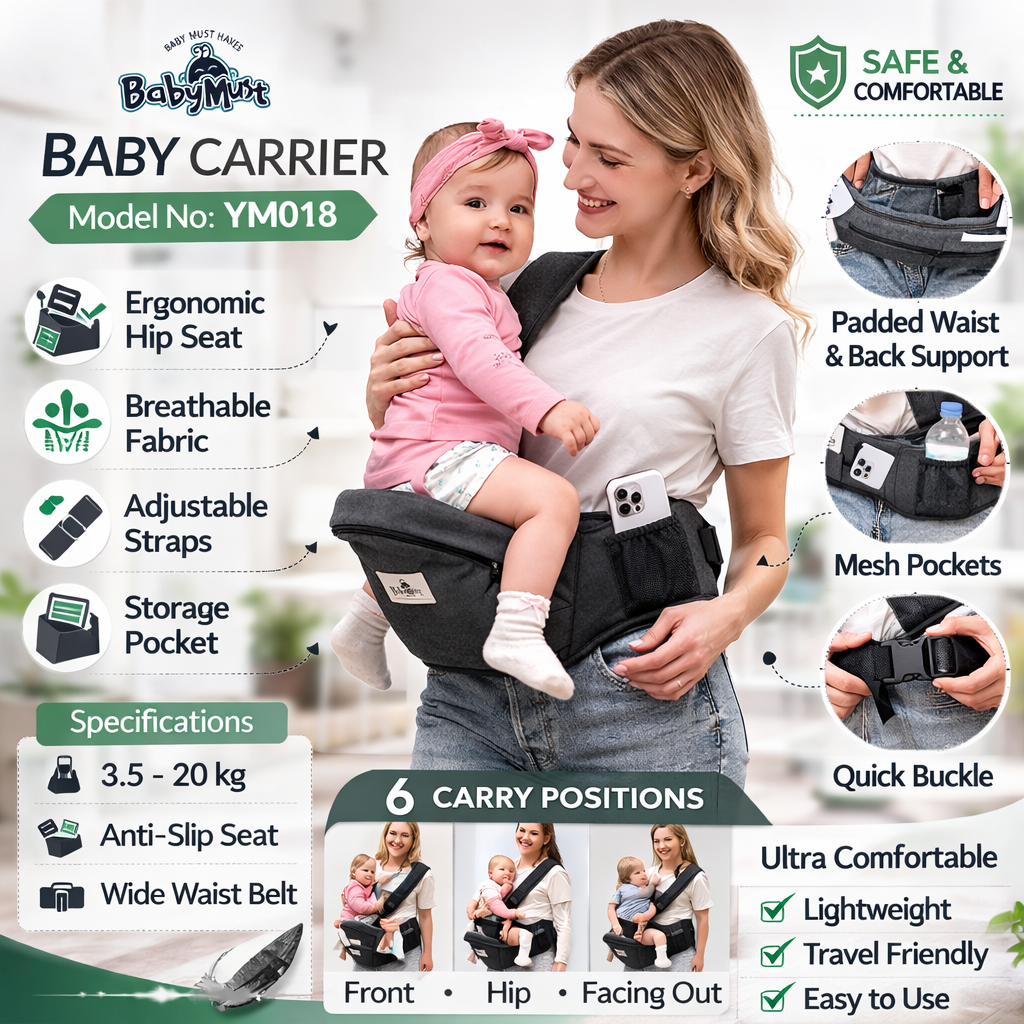 Babymust Baby Carrier with Hip Seat Adjustable Waist Belt and Multi-Pocket Storage