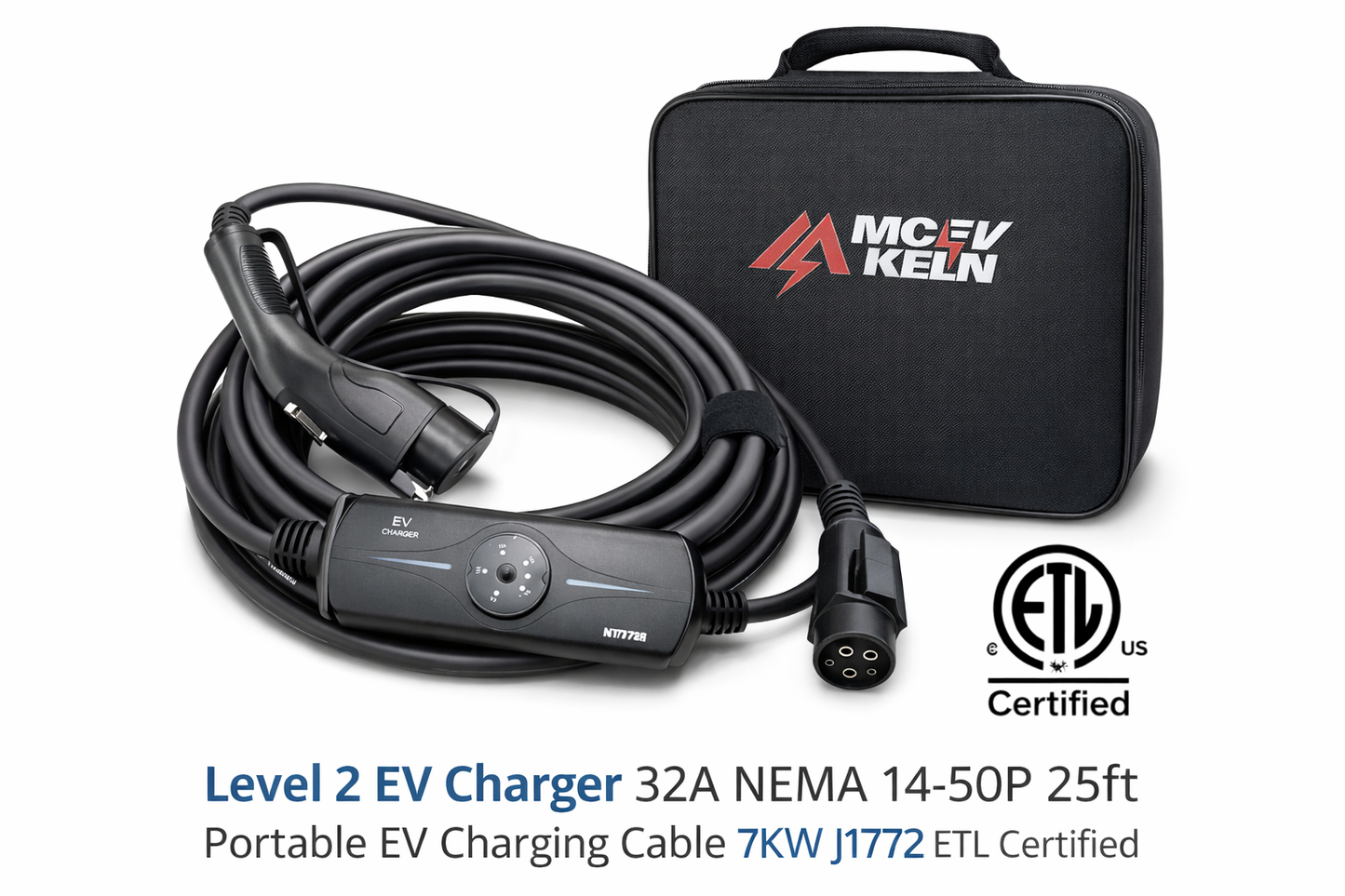 Level 2 EV Charger 32A NEMA 14-50P 25ft Portable EV Charging Cable 7KW J1772 ETL Certified
