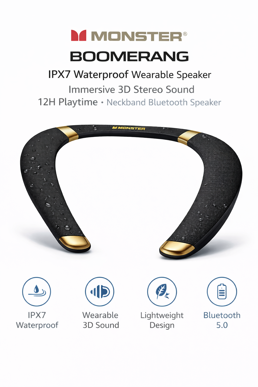 Monster Boomerang Neckband Bluetooth Speaker – IPX7 Waterproof Wearable Speaker