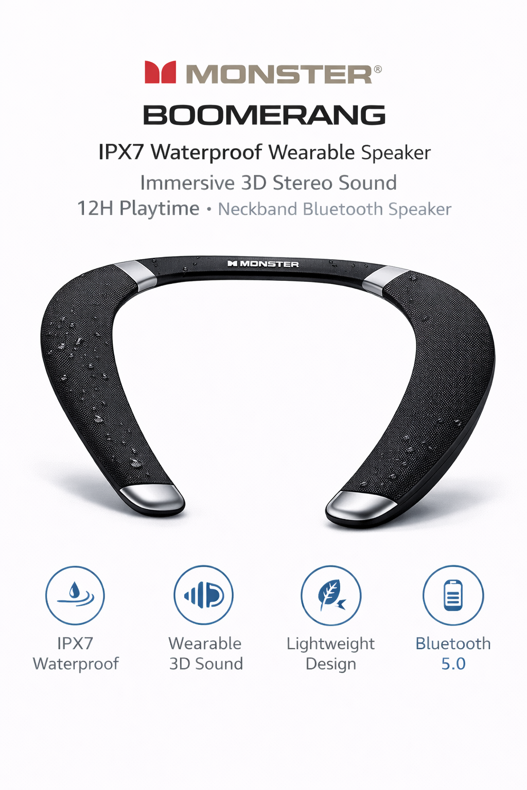 Monster Boomerang Neckband Bluetooth Speaker – IPX7 Waterproof Wearable Speaker