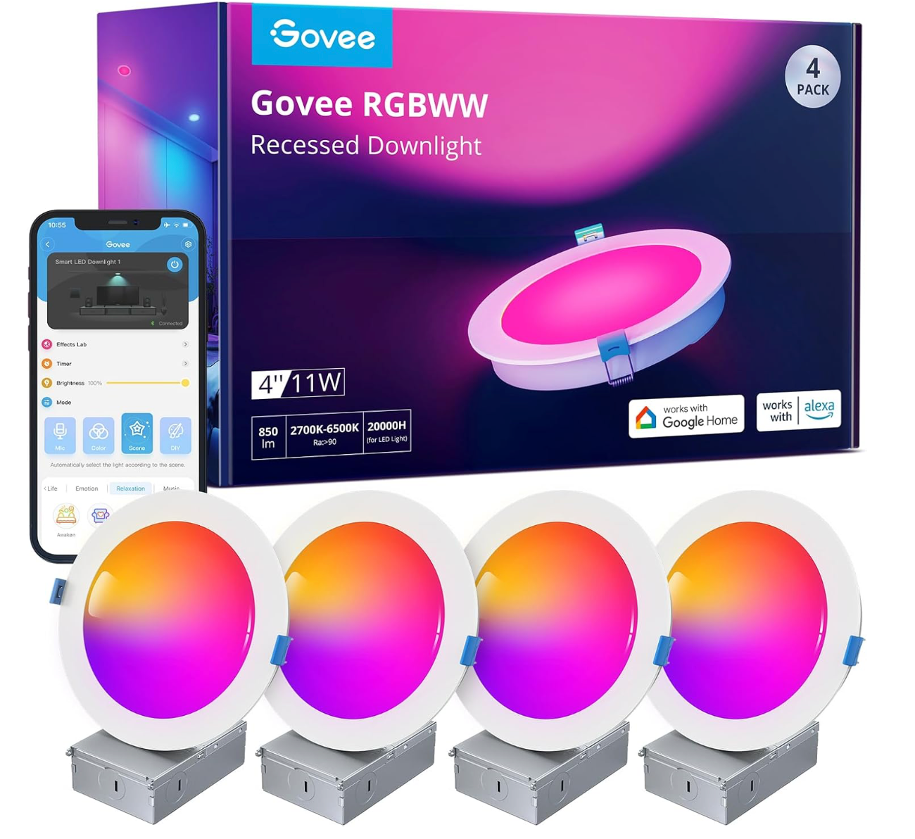 Govee 4 Inch Smart Recessed Pot Lights RGBWW Wi-Fi & Bluetooth LED Downlights