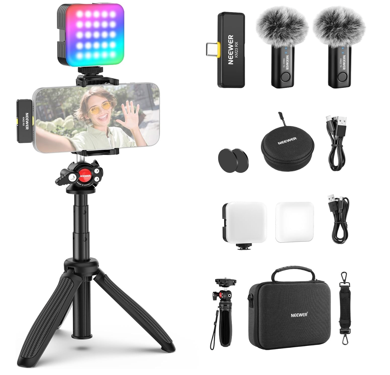 Vlogging Kit for Phone with RGB LED Light &amp; Wireless Microphone