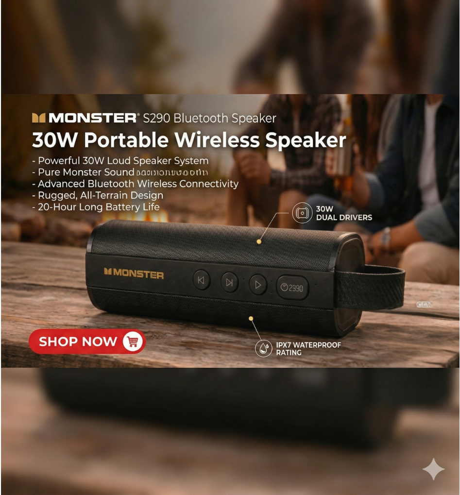 Monster S290 Bluetooth Speaker 30W Portable Wireless Speaker IPX6 Waterproof 15H Playtime