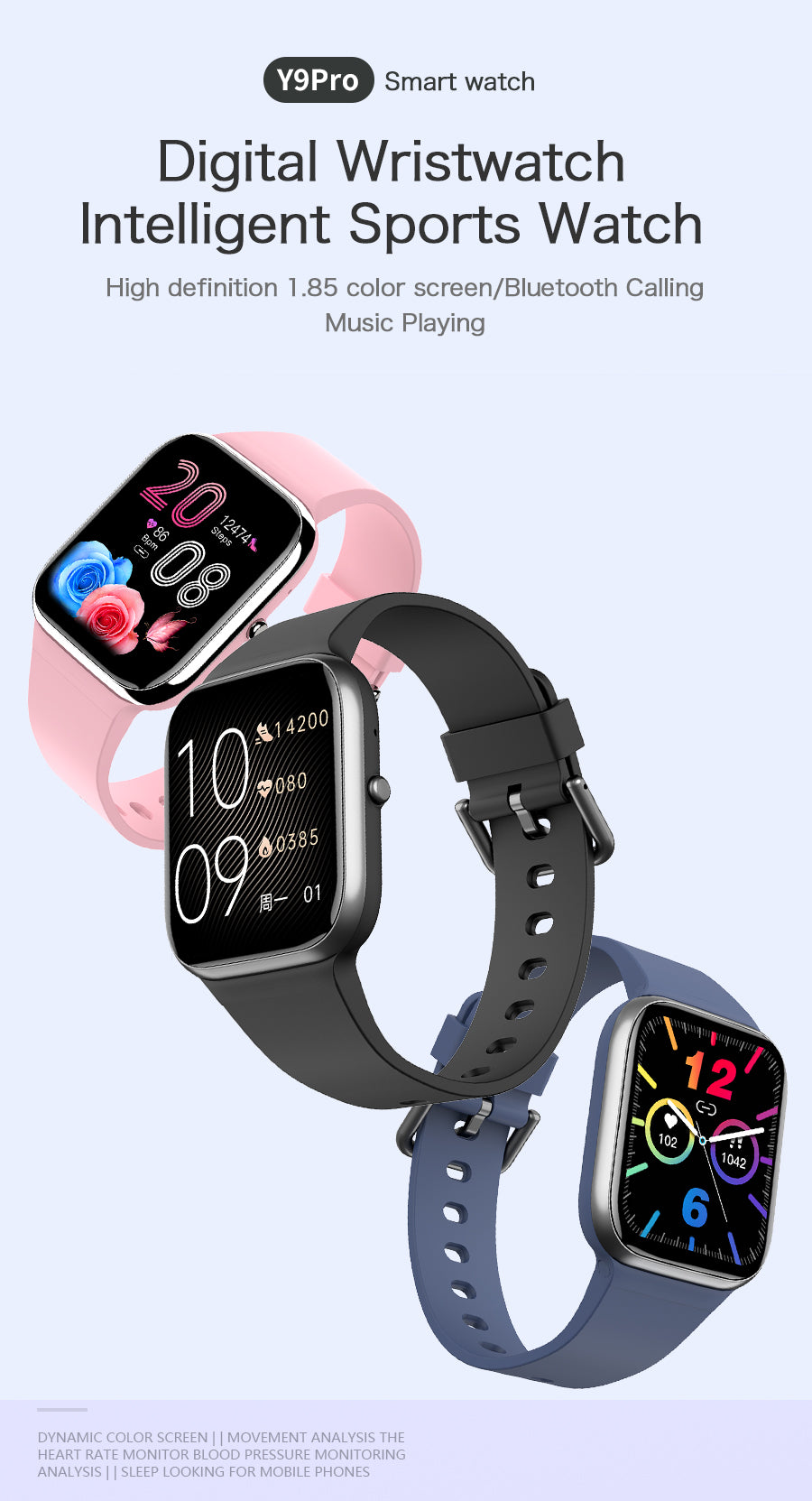 Y9 Pro Smart Watch 1.85" HD Touchscreen Bluetooth Calling IP67 Waterproof Fitness Tracker with Blood Sugar Monitoring