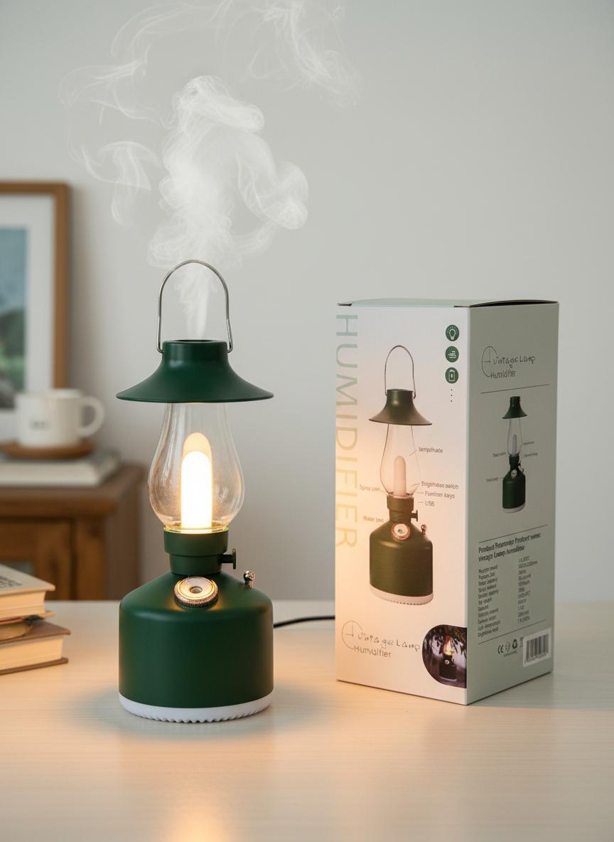 Vintage Kerosene Lamp Humidifier - Quiet 280ml Cool Mist for Bedroom & Plants